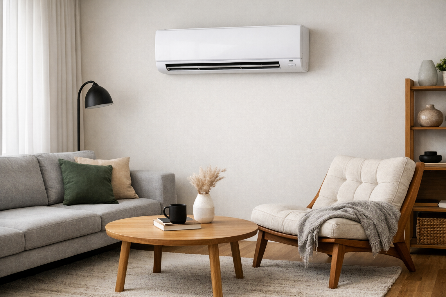 photographic Can you make a picture of a house with a heat pump on the wall Beside a sofa lounge chair and a table in a livingroom photographic Can you make a picture of a house with a heat pump on the wall Beside a sofa lounge chair and a table in a livingroom