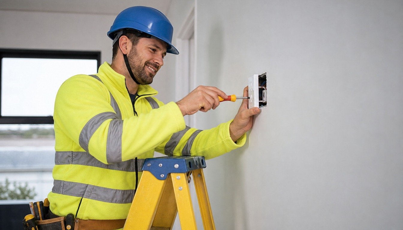 Electrician Working on Outlet on Ladder with Blue Helmet and HighVisibility Jack 1344x768