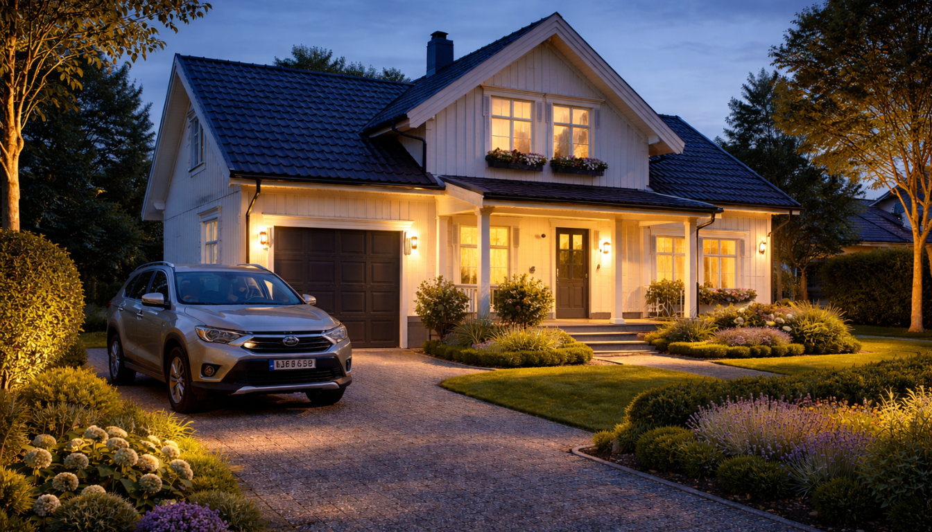 Koselig hus med innbydende belysning på hus og garasje 1344x768